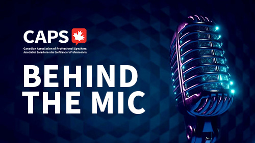 CAPS Behind the MIC banner, blue background with a microphone in the forefront